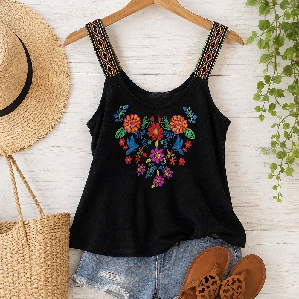 Almost Famous Women S Black Floral Bird Tank Top Boho western Woven Strap
